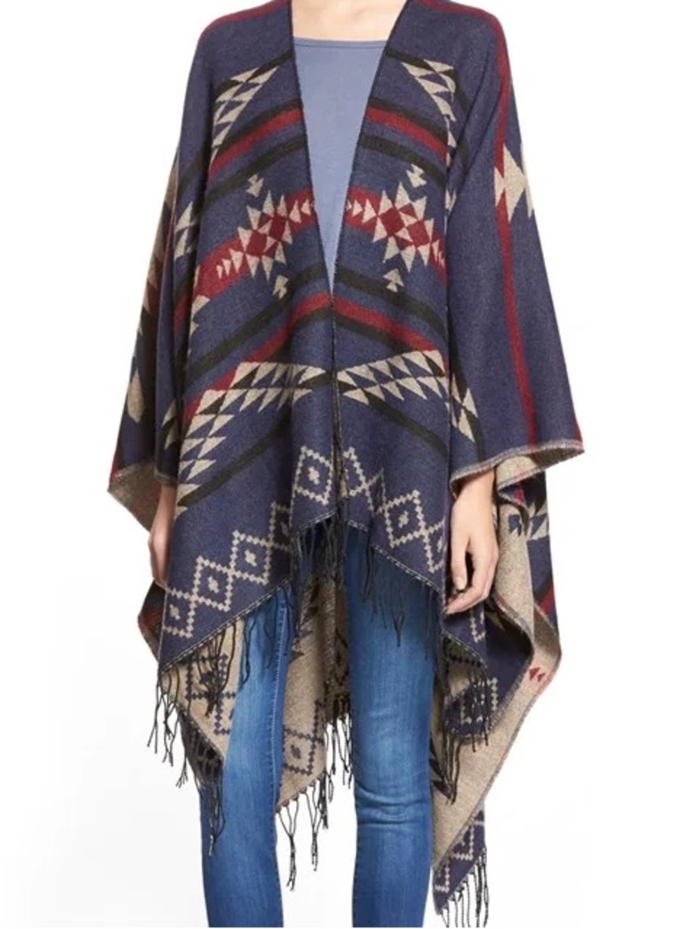 Navy Aztec Patterned Fringe Poncho